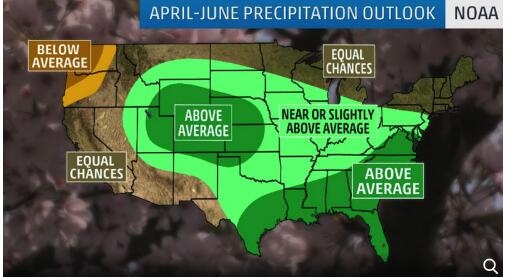 美国中西部地区二季度降水量可能高于历史均值(资料来源：NOAA)